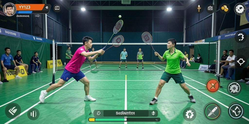 Screenshot antarmuka game Badminton YY123 yang menarik dan interaktif.